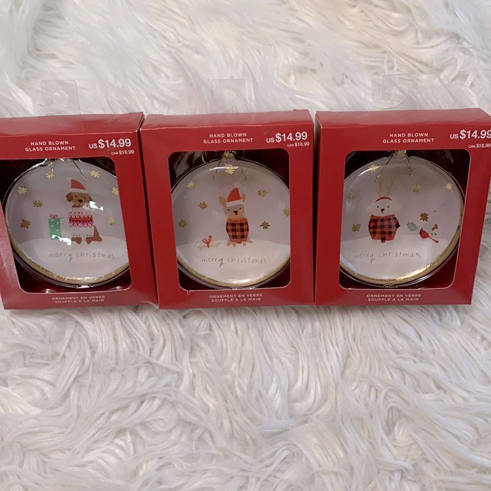 🟢3 for $20—-set of  3 ORNAMENTS  HANDBLOWN DOG LOVERS glass ornaments